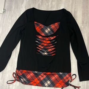 Long sleeve red and black plaid pattern ruched drawstring funnel neck shirt